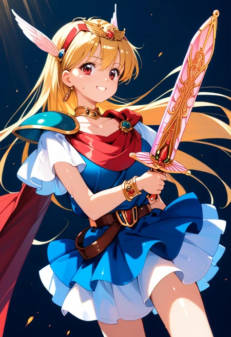 score_9, score_8_up, score_7_up, score_6_up, anime_lineart
1girl, solo,
<lora:chacha magical princess:1>, chacha magical princess, blonde hair, jewelry, dress, bracelet, cape, brown eyes, red eyes, tiara, skirt, choker, shoulder armor, hairband, armor, belt, pauldrons, sword
huge breasts, smile,
sweat, shiny skin,