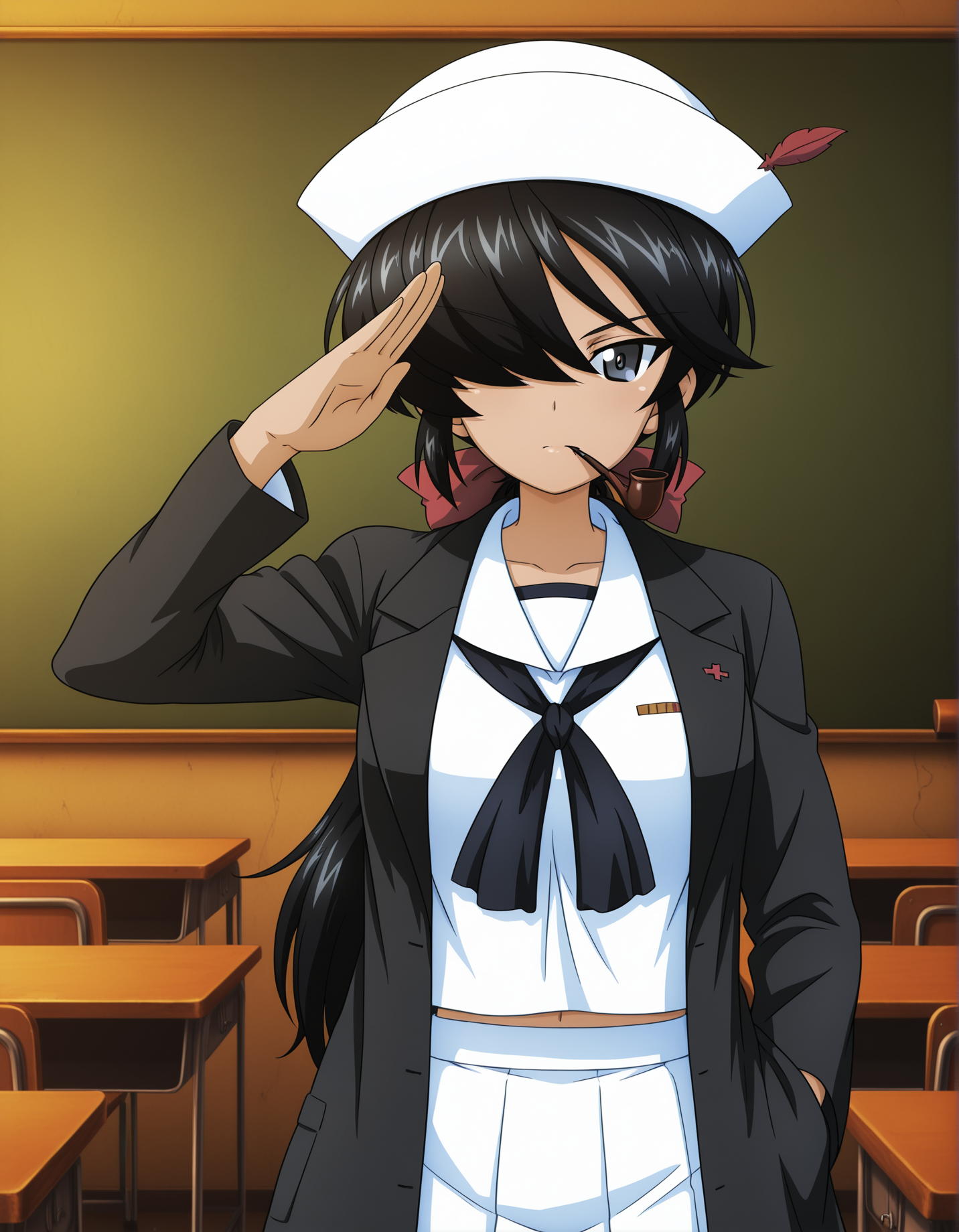masterpiece, best quality, absurdres, highres,  <lora:ogin illu:0.9> oginillu, dixie cup hat, hair bow, long sleeves, school uniform, sailor, pleated skirt, white shirt, neckerchief, sailor collar, black coat, open coat, hair over eyes,  salute, classroom, serious, girls und panzer, anime coloring, smoking pipe, smoking pipe in mouth, solo