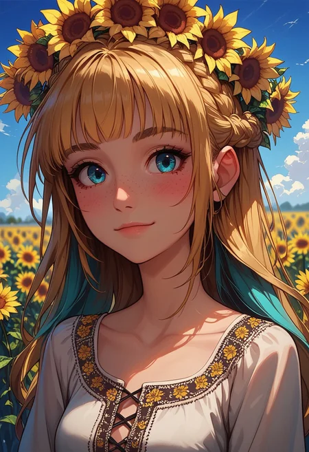 score_9_up, score_8_up, score_7_up, score_6_up, 1girl, 25 years old, perfect face, cute, petite,
three quarter view, detailed face, portrait, face focus, depth of field, looking at viewer, blush, shy smile,
cyan eyes,  freckles,  
multicolored hair, colored inner hair, blonde hair, cyan hair, crown braid, long hair, sunflower hair ornament, 
Vyshyvanka, Ukrainian embroidered shirt, embroidered shirt, white shirt, 
sunflower field, sunflower, yellow flower, flower field, field, sky,