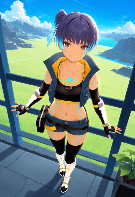 masterpiece, best quality, good quality, 1girl, solo, full body, sena \(xenoblade\), fiery hair, chest jewel, brown eyes, cropped jacket, denim shorts, sports bra, black fingerless gloves, arm guards, black thighhighs, knee boots, fanny pack, midriff markings, thigh markings, scenery <lora:sena illustrious 053:1>