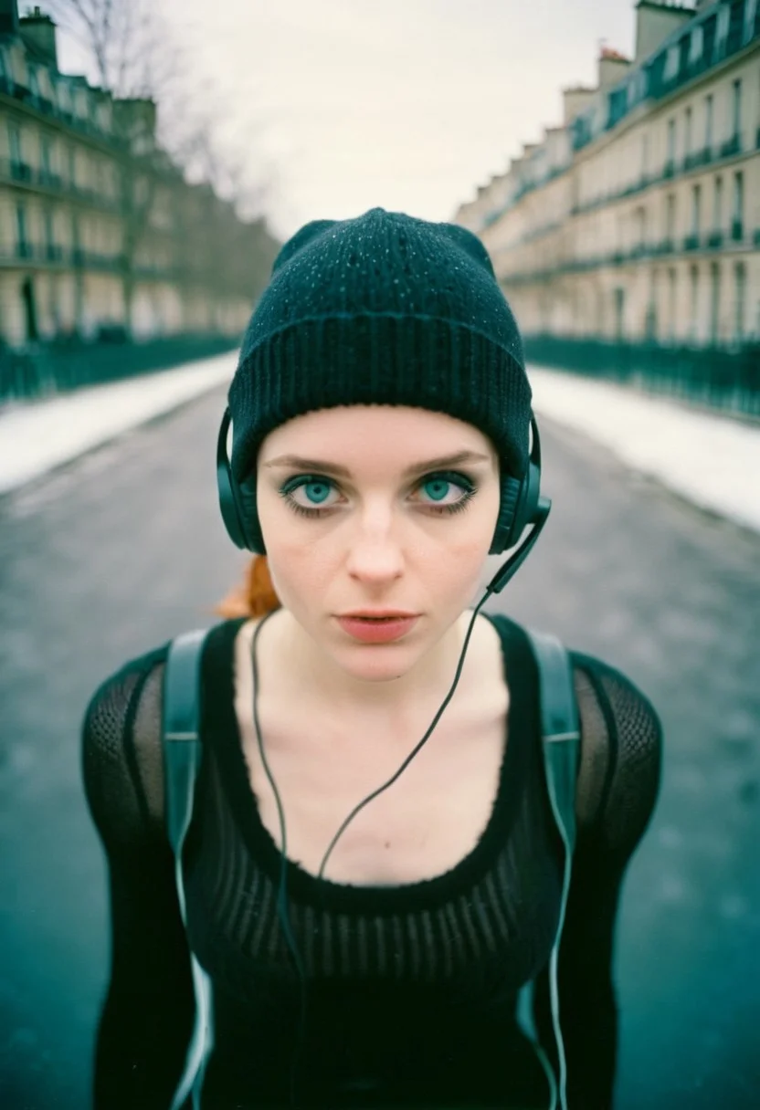 goth girl,winter hat, headphones,tanktop,(beautiful face,exquisite face,skin texture:1.2), (ultra-wide angle:1.3), pale skin, (masterpiece,best quality,ultra high res:1.2),(photo-realistic:1.3),paris, day, mood, polaroid color 600 instant film, faded, blurry, motion blur, ((grainy))