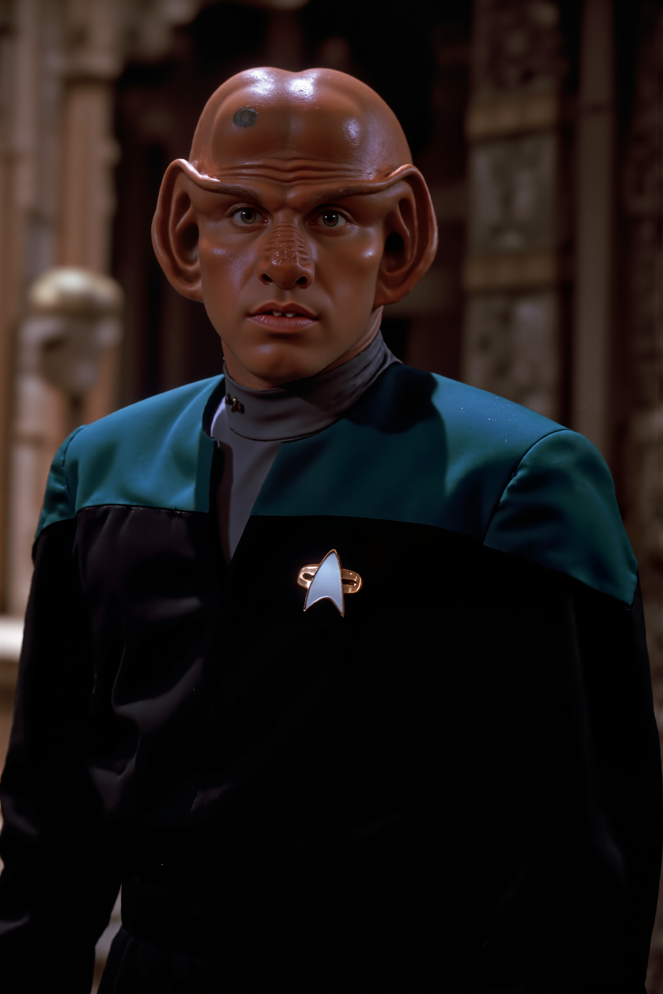 A ferengi stands in the ancient temple wearing black voyager uniform wiuth teal shoulders and grey undershirt (photography, high-resolution, dynamic, energetic,hyper-realistic, dramatic lighting, shallow depth of field.), detailmaximizer, MythP0rt<lora:midjourney_whisper_flux_lora_v01:0.55><lora:aidmaMJ6.1-FLUX-V0.1:0.4><lora:FluxMythP0rtr4itStyle:0.4><lora:detailed_flux_ntc:2.2><lora:aidmaImageUpgrader-FLUX-V0.1:0.65><lora:VOY_FLUX:1.1><lora:ferengiV1_FLUX>