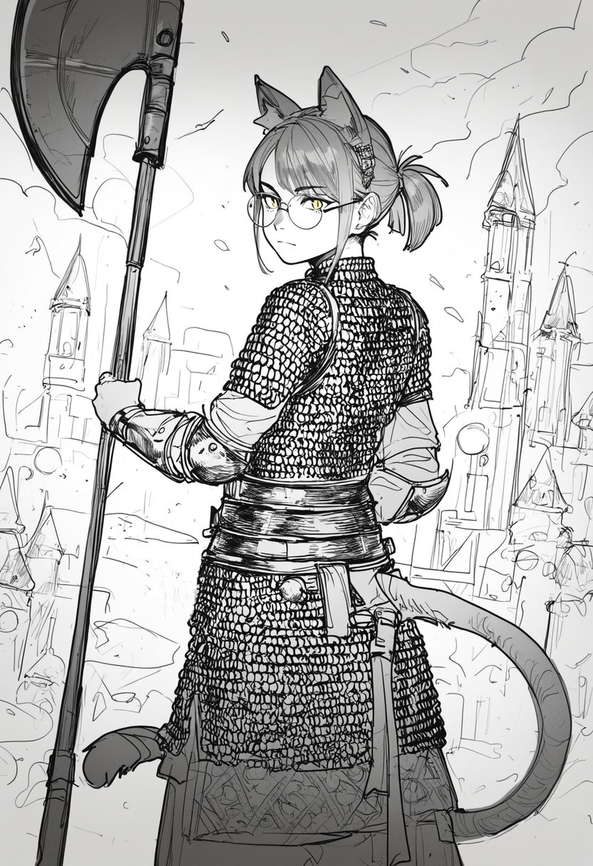score_9, score_8_up, score_7_up,
1femboy, skinny, light orange cat ears, light orange  cat tail, short ponytail, air_ bangs, (light orange  hair), yellow eyes, slit pupils, round glasses,
chainmail, armor, looking at viewer, holding axe, closed mouth, looking back, sheath, scabbard,
<lora:Gambargin_-_style:1>,
gambargin,  sketch, greyscale, monochrome,