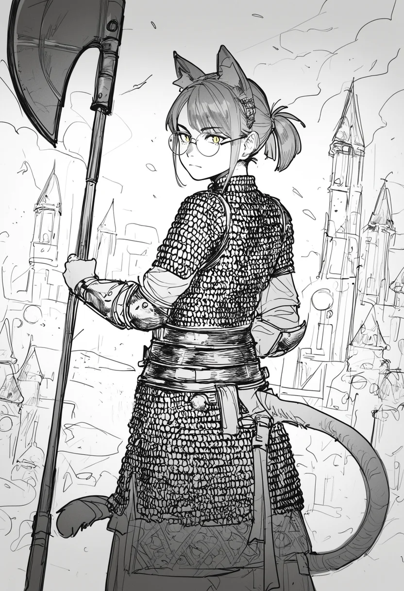 score_9, score_8_up, score_7_up,
1femboy, skinny, light orange cat ears, light orange cat tail, short ponytail, air_ bangs, (light orange hair), yellow eyes, slit pupils, round glasses,
chainmail, armor, looking at viewer, holding axe, closed mouth, looking back, sheath, scabbard,
<lora:Gambargin_-_style:1>,
gambargin, sketch, greyscale, monochrome,