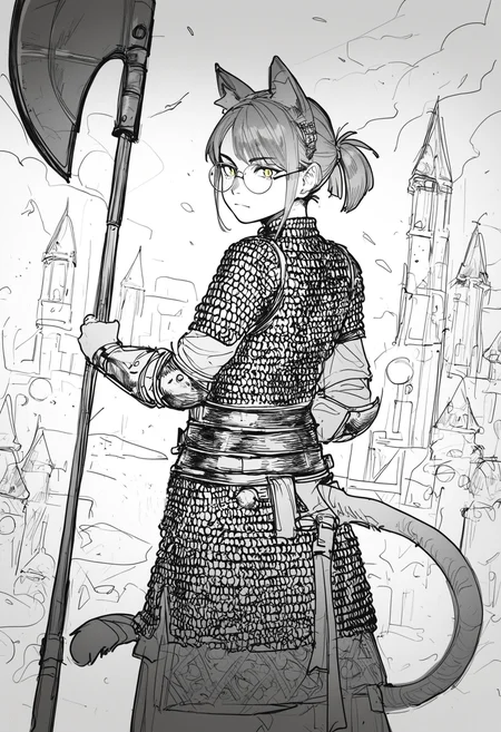 score_9, score_8_up, score_7_up,
1femboy, skinny, light orange cat ears, light orange cat tail, short ponytail, air_ bangs, (light orange hair), yellow eyes, slit pupils, round glasses,
chainmail, armor, looking at viewer, holding axe, closed mouth, looking back, sheath, scabbard,
<lora:Gambargin_-_style:1>,
gambargin, sketch, greyscale, monochrome,