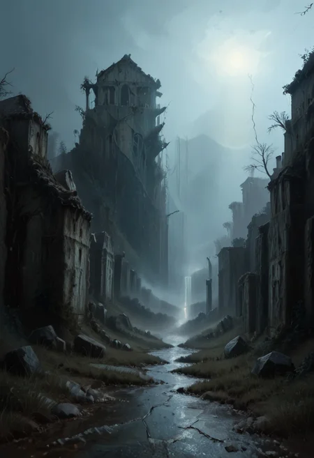 score_9, score_8_up, score_7_up, oil painting, traditional media, realistic, Spooky, creepy lighting, dusk time, BREAK decrepit graveyard ruins built in the side of a mountain, fog rolling in, single lighting bolt streaking in the sky, rain water runoff looks like small water falls,