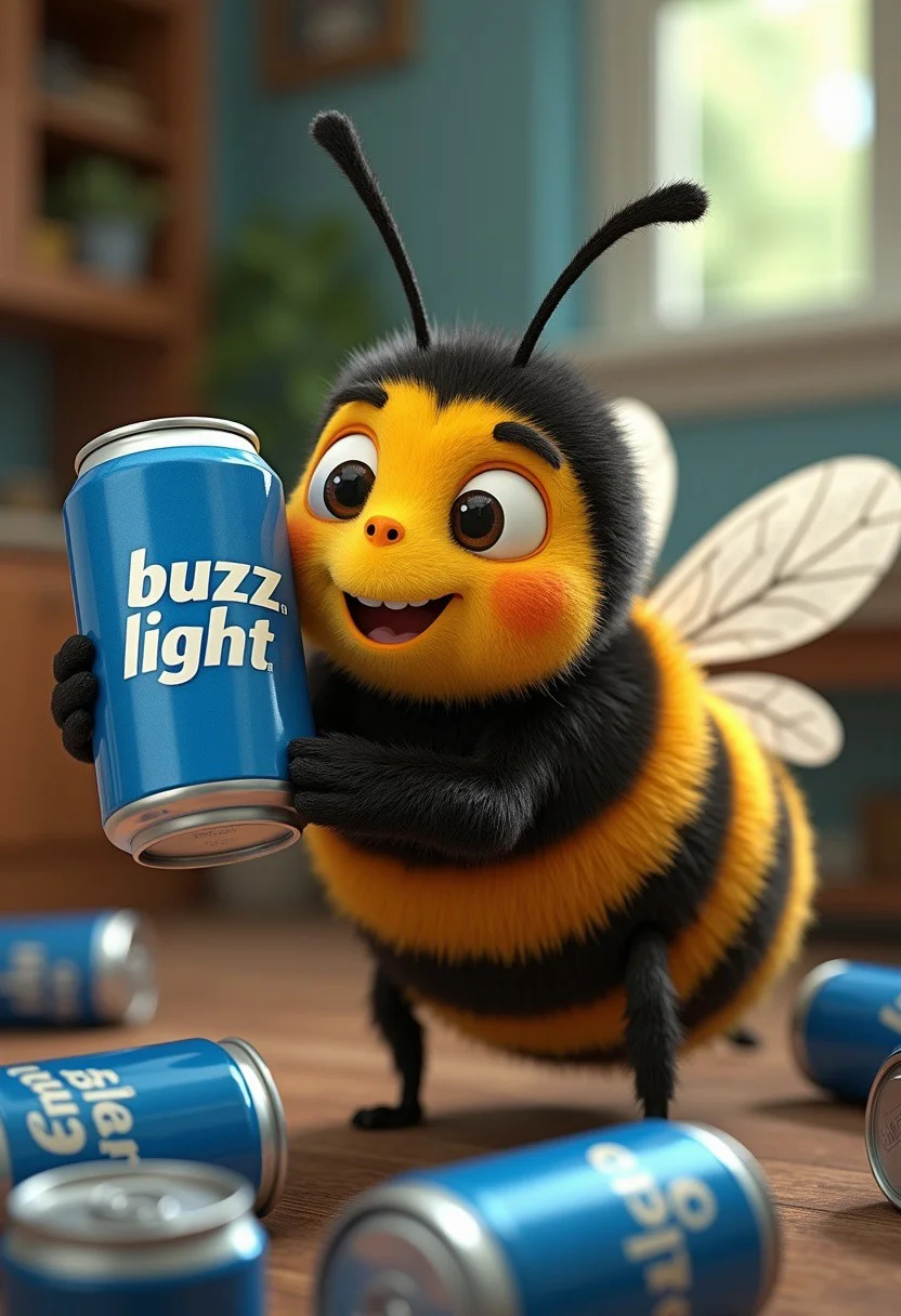 A cgi cartoon bee holding a beer can that says "buzz-light" close to the viewer. blue can with sanserif font, beer commercial, drunk bee with lots of cans on the floor, laying in a hammock, score_9, score_8_up, score_7_up, BREAK,