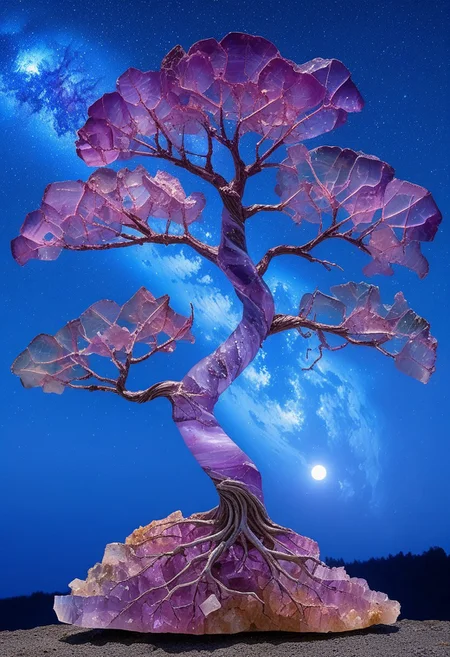 reiq-37400, fluorite mineral, flu0rite, iridiscent, tree made of fluorite ground out of a skull with the background the night sky, spotlight, moon light, night time, stars in the sky,