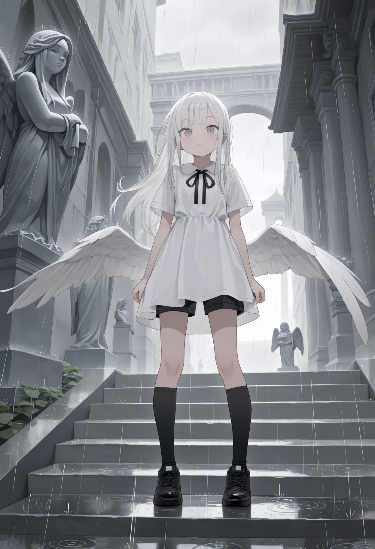 masterpiece,best quality,amazing quality,
1girl, long hair, solo, wings, white hair, dress, rain, white dress, low wings, statue, socks, short sleeves, feathered wings, looking at viewer, stairs, black socks, standing, black footwear, full body, shoes, shorts, grey theme, kneehighs, grey eyes, outdoors, bangs, neck ribbon,
 <lora:Biyobiyo:1>