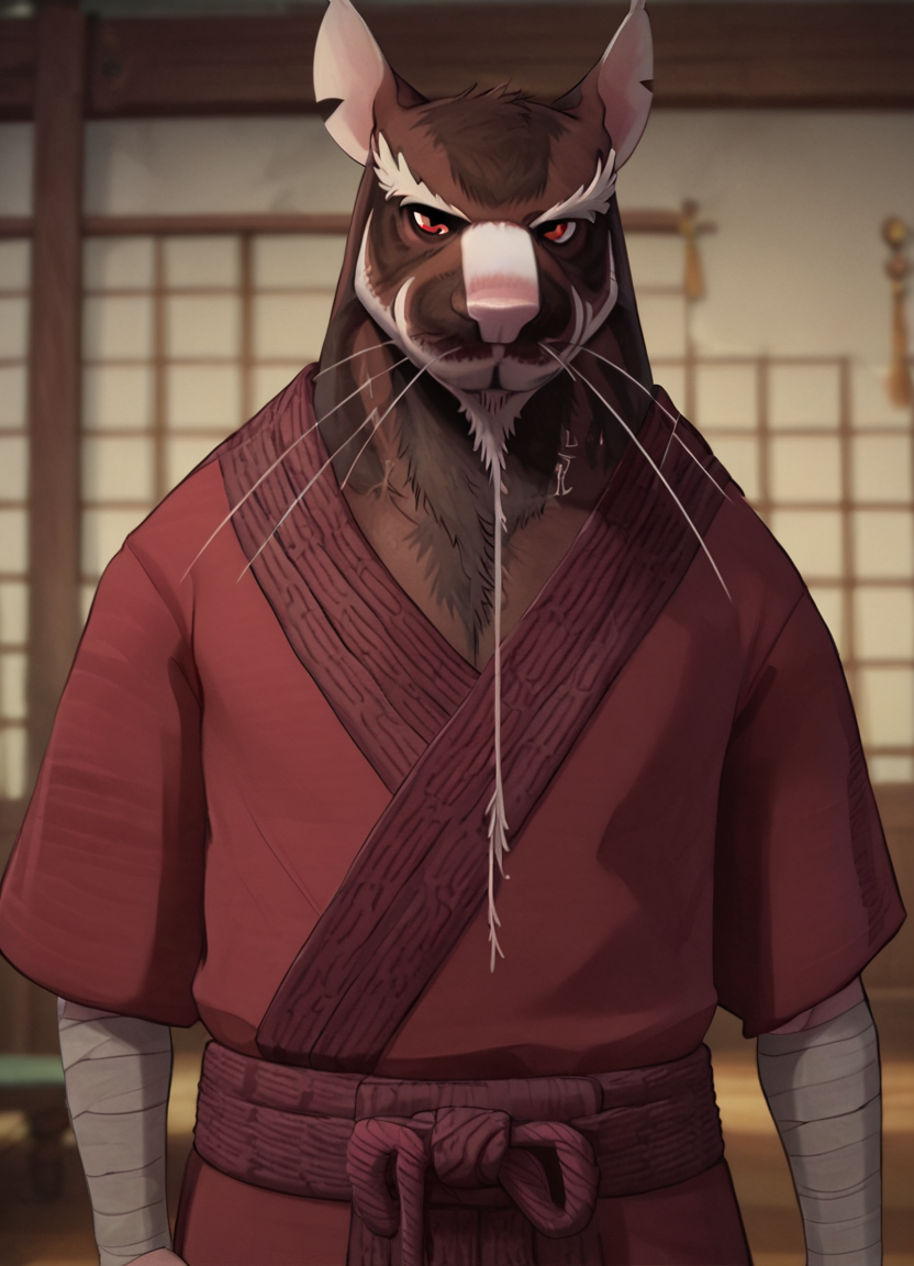 <lora:SplinterPony1.0:1> splinter, solo, no humans, rat, whiskers, 1boy, looking at viewer, bandages, animal focus, male focus, kimono, tail, standing, red eyes, animal ears, facial hair, upper body,  looking at viewer, score_9, score_8_up, score_7_up, score_6_up, score_5_up, score_4_up