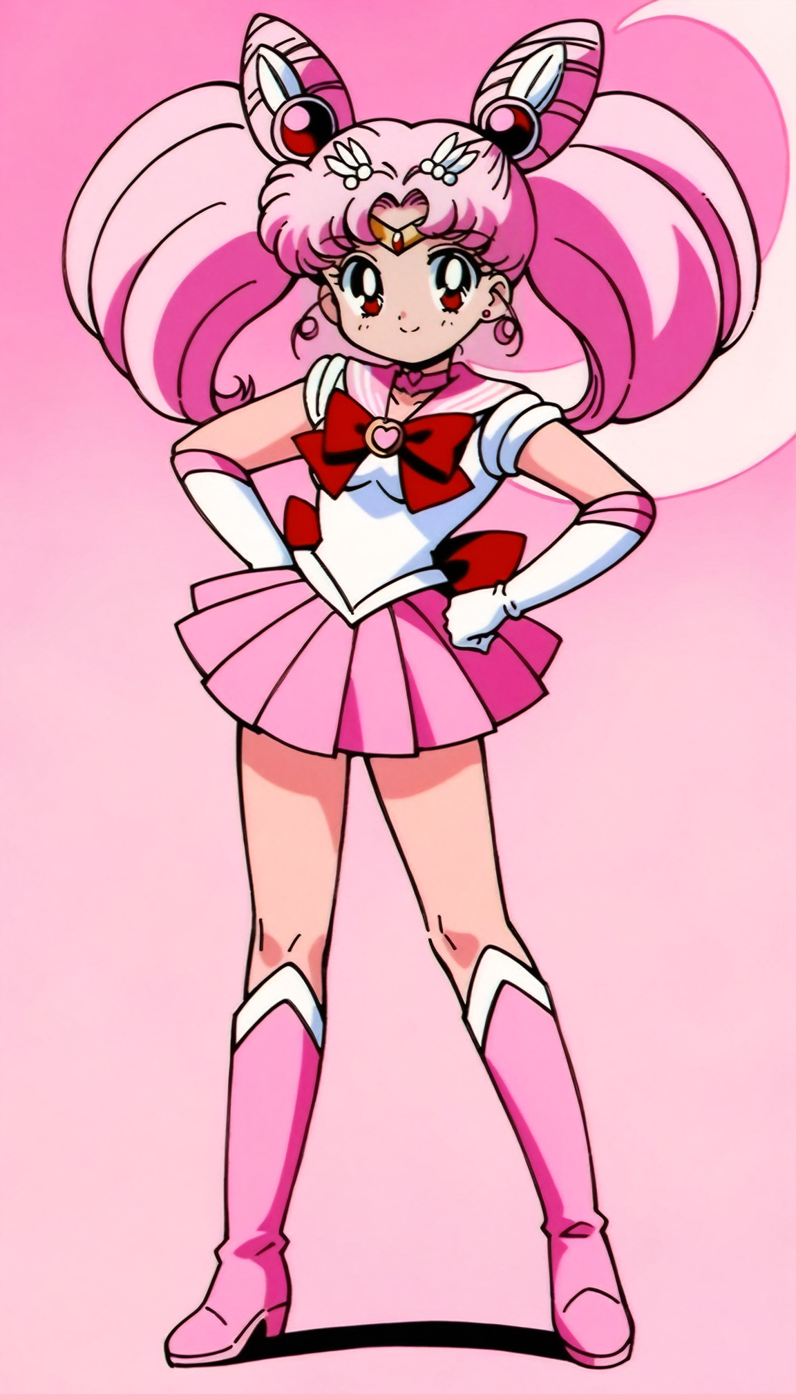 masterpiece,best quality,very aesthetic,absurdres,Sailor Chibimoon XL,1girl,solo,chibi usa,hair bun,sailor senshi uniform,magical girl,pink footwear,pink hair,boots,knee boots,double bun,gloves,skirt,choker,elbow gloves,cone hair bun,pink sailor collar,twintails,jewelry,v,brooch,sailor collar,hair ornament,full body,moon,white gloves,retro artstyle,crescent moon,pleated skirt,pink theme,red eyes,tiara,bow,hand on hip,heart brooch,smile,pink background,<lora:Sailor Chibimoon XL:0.8>,