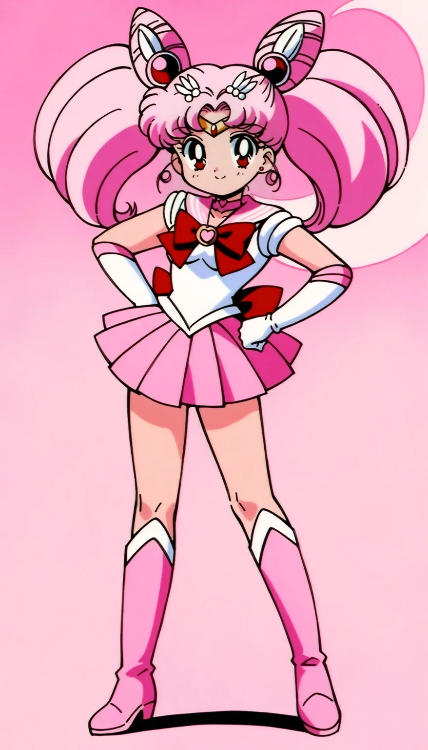 masterpiece,best quality,very aesthetic,absurdres,Sailor Chibimoon XL,1girl,solo,chibi usa,hair bun,sailor senshi uniform,magical girl,pink footwear,pink hair,boots,knee boots,double bun,gloves,skirt,choker,elbow gloves,cone hair bun,pink sailor collar,twintails,jewelry,v,brooch,sailor collar,hair ornament,full body,moon,white gloves,retro artstyle,crescent moon,pleated skirt,pink theme,red eyes,tiara,bow,hand on hip,heart brooch,smile,pink background,<lora:Sailor Chibimoon XL:0.8>,