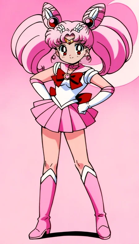 masterpiece,best quality,very aesthetic,absurdres,Sailor Chibimoon XL,1girl,solo,chibi usa,hair bun,sailor senshi uniform,magical girl,pink footwear,pink hair,boots,knee boots,double bun,gloves,skirt,choker,elbow gloves,cone hair bun,pink sailor collar,twintails,jewelry,v,brooch,sailor collar,hair ornament,full body,moon,white gloves,retro artstyle,crescent moon,pleated skirt,pink theme,red eyes,tiara,bow,hand on hip,heart brooch,smile,pink background,<lora:Sailor Chibimoon XL:0.8>,