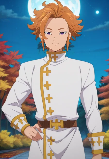 masterpiece, best quality, intricate details, anime screencap, anime coloring, official style, , 1boy, solo, male focus, <lora:arthur_pendragon_ilxl:1>, arthur_pendragon, orange hair, purple eyes, short hair, straight-on, trees, autumn, leaves, night, full moon, hand on hip, naughty smile,
