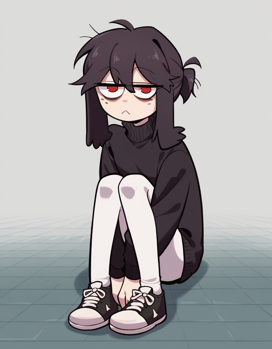 zPDXL, score_9, score_8_up, score_7_up, source_anime, 4k, absurdres, 1girl, solo,
<lora:CWew:1> cwew, sitting like a dog, knees up, hands on floor, black sweater, turtleneck, sweater dress, white pantyhose, black sneakers, looking at viewer, tail wagging,  hands between legs, dog sit,, <lora:Furfrou_v2:0.8> furfrou, (dog ears, dog tail, dog girl), black fur, white skin, red eyes, jitome, bags under eyes, small breasts, freckles, hair over one eye, body freckles, half-closed eyes