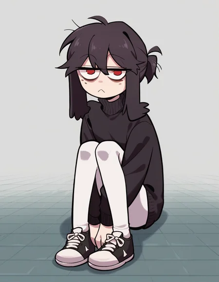 zPDXL, score_9, score_8_up, score_7_up, source_anime, 4k, absurdres, 1girl, solo,
<lora:CWew:1> cwew, sitting like a dog, knees up, hands on floor, black sweater, turtleneck, sweater dress, white pantyhose, black sneakers, looking at viewer, tail wagging, hands between legs, dog sit,, <lora:Furfrou_v2:0.8> furfrou, (dog ears, dog tail, dog girl), black fur, white skin, red eyes, jitome, bags under eyes, small breasts, freckles, hair over one eye, body freckles, half-closed eyes