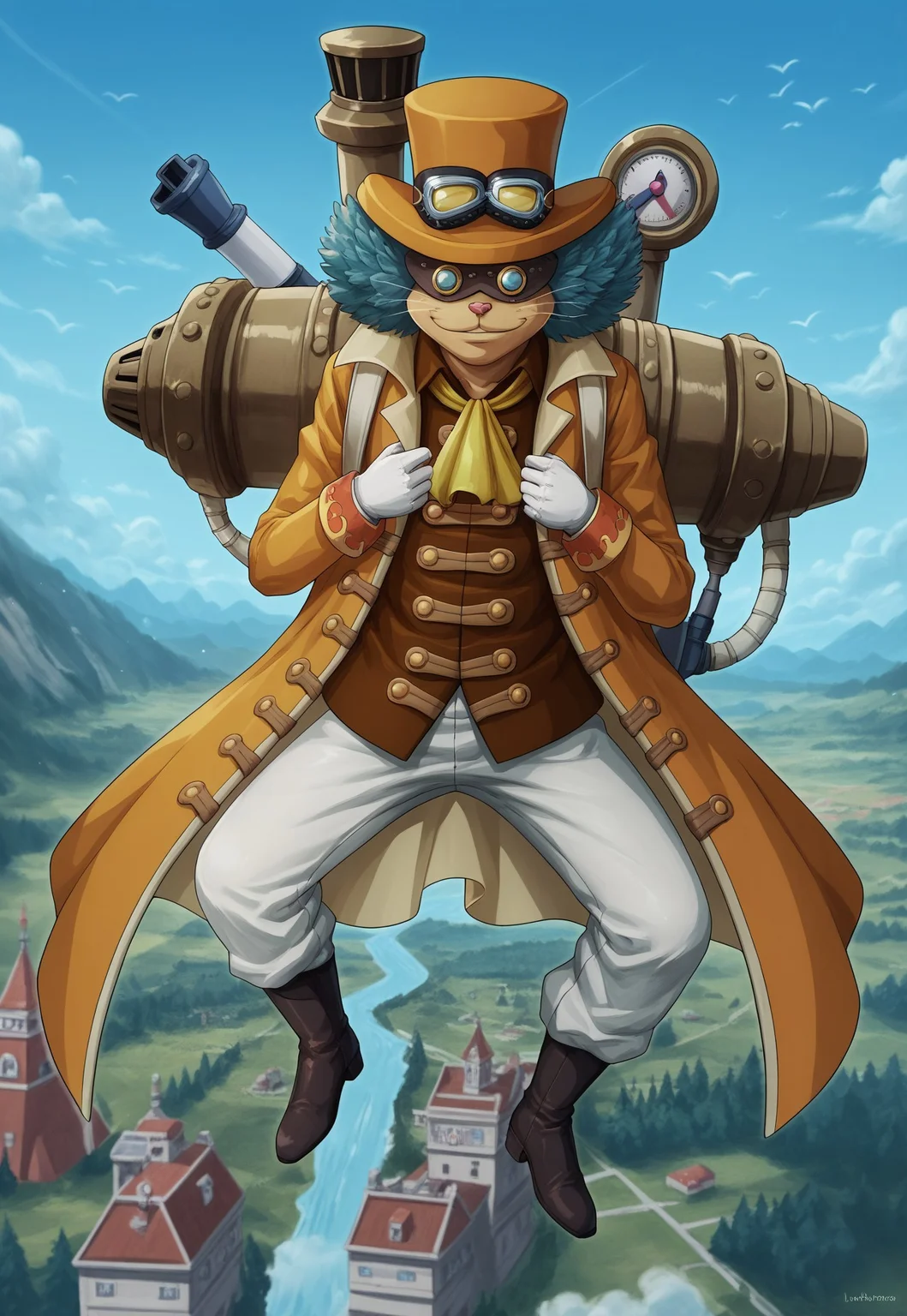 lindberghop, score_9, score_8_up, score_7_up, detailed, solo, full body, 1boy, top hat, goggles, blue hair, coat, ascot, shirt, gloves, pants, boots, jetpack, BREAK, outdoors, flying