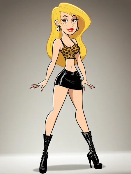score_9, score_8_up, score_7_up, (toon \(style\):1),(flat colors:1),facing viewer,ultra high quality,ultra high resolution,ultra , seductive,(extremely detailed), detailed background,,(masterpiece, best quality, high quality, highres, ultra-detailed),full body,inside, bedroom in background, spotlight effects.,close up, cowboy shot,   dutch angle ,perfect eyes,perfect face,,narrow waist,perfect breasts,perfect eyes,perfect face,eager expression,earrings,facing viewer, 
<lora:Veronica_Stoppable:0.9> veronica stoppable, toon (style), flat color, freckles, narrow waist,  brown eyes, long hair,  long eyelashes,  long hair, brown eyes, seductive smile, long eyelashes, medium breasts, wide hips, long legs, red lips, looking at viewer,blonde hair, Form-fitting crop top with leopard print, black leather pants, stiletto ankle boots, designer handbag, perfectly styled hair in loose waves, and bold red lipstick,g,midriff,long nails,