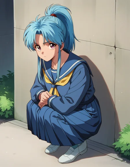 score_9, score_8_up, score_7_up, 1girl, solo,
looking at viewer,
<lora:Botan PDXL:0.7>, botan, ponytail, blue hair, parted bangs, pink eyes, serafuku, sailor collar, yellow neckerchief, blue shirt, blue skirt, outdoors, squatting,