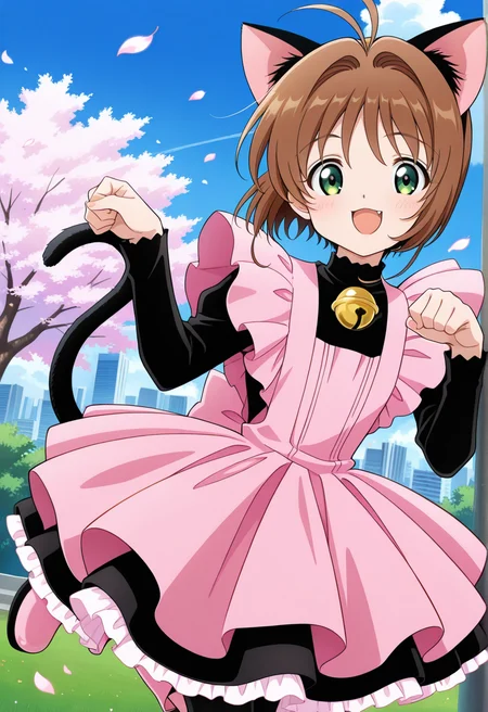 outdoor, trees, grass, cityscape, floating leaves, flowers, night,
BREAK,
{open smile|light smile},
{full body|cowboy shot}, paw pose,
dynamic angle,
BREAK,
<lora:sakuraS_illustriousXL_v03:0.9>
kinosakupk, short hair, brown hair, ahoge, green eyes, cat ears, black cat ears,
cat tail, frilled dress, pink dress, long sleeves, black sleeves, jingle bell collar, black dress,
pantyhose, pink boots, pink footwear,
sealingwand, holding wand, fuuin no tsue,, source_anime, very aesthetic, anime coloring, masterpiece,
best quality, amazing quality, ultra detailed, very aesthetic,
detailed background,
BREAK,