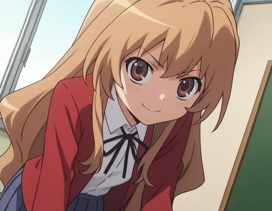 score_9, score_8_up, score_7_up, source_anime,
taigaaisaka, <lora:taiga-aisaka-s1-ponyxl-lora-nochekaiser:1>,
taiga aisaka, long hair, brown hair, brown eyes,
school uniform, oohashi high school uniform, jacket, red jacket, long sleeves, shirt, white shirt, collared shirt, ribbon, skirt, pleated skirt,
indoors, classroom, bent over, smile,
looking at viewer, solo, cowboy shot, dutch angle,