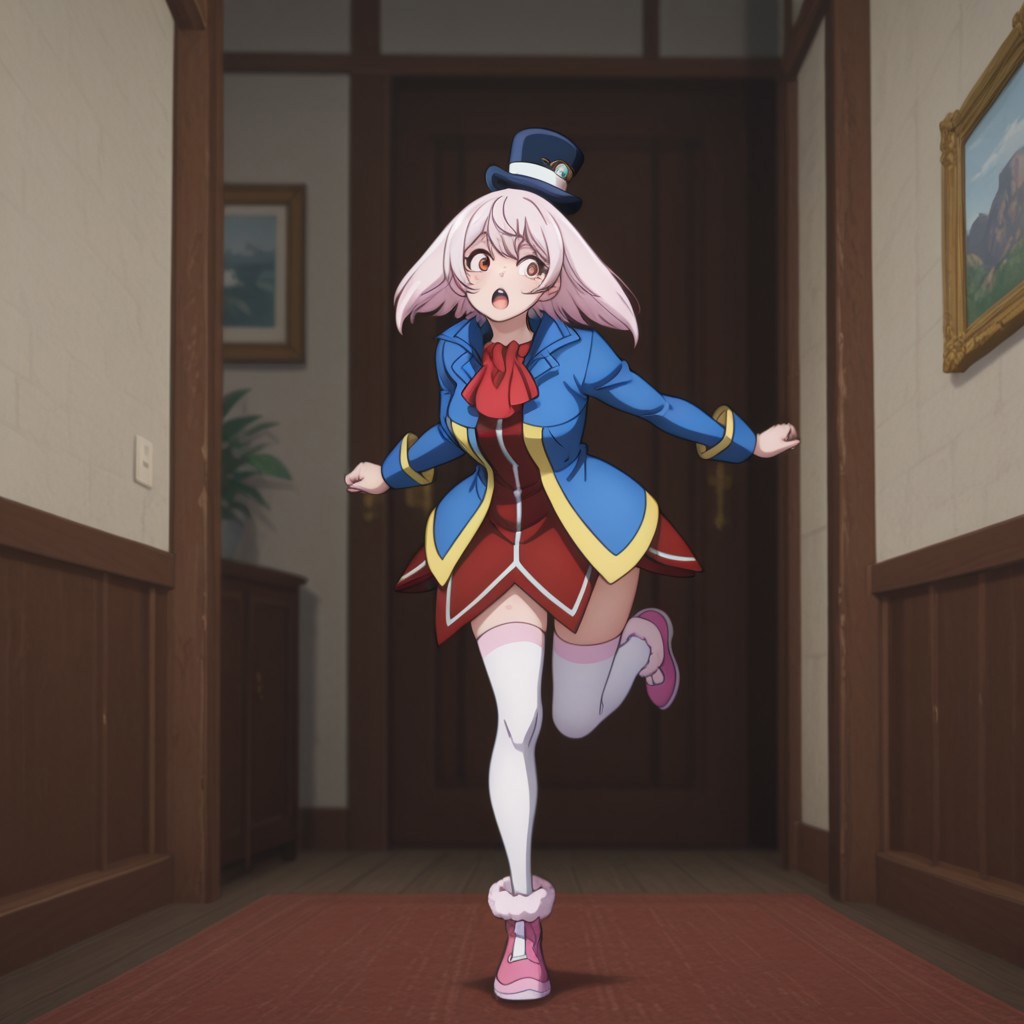 masterpiece, best quality, amazing quality, emulslfILv2, human, female, pink hair, reddish orange eyes, dark blue top hat, red dress white trim, blue jacket yellow trim, red ascot, white thighhighs, pink shoes, inside, standing on one leg