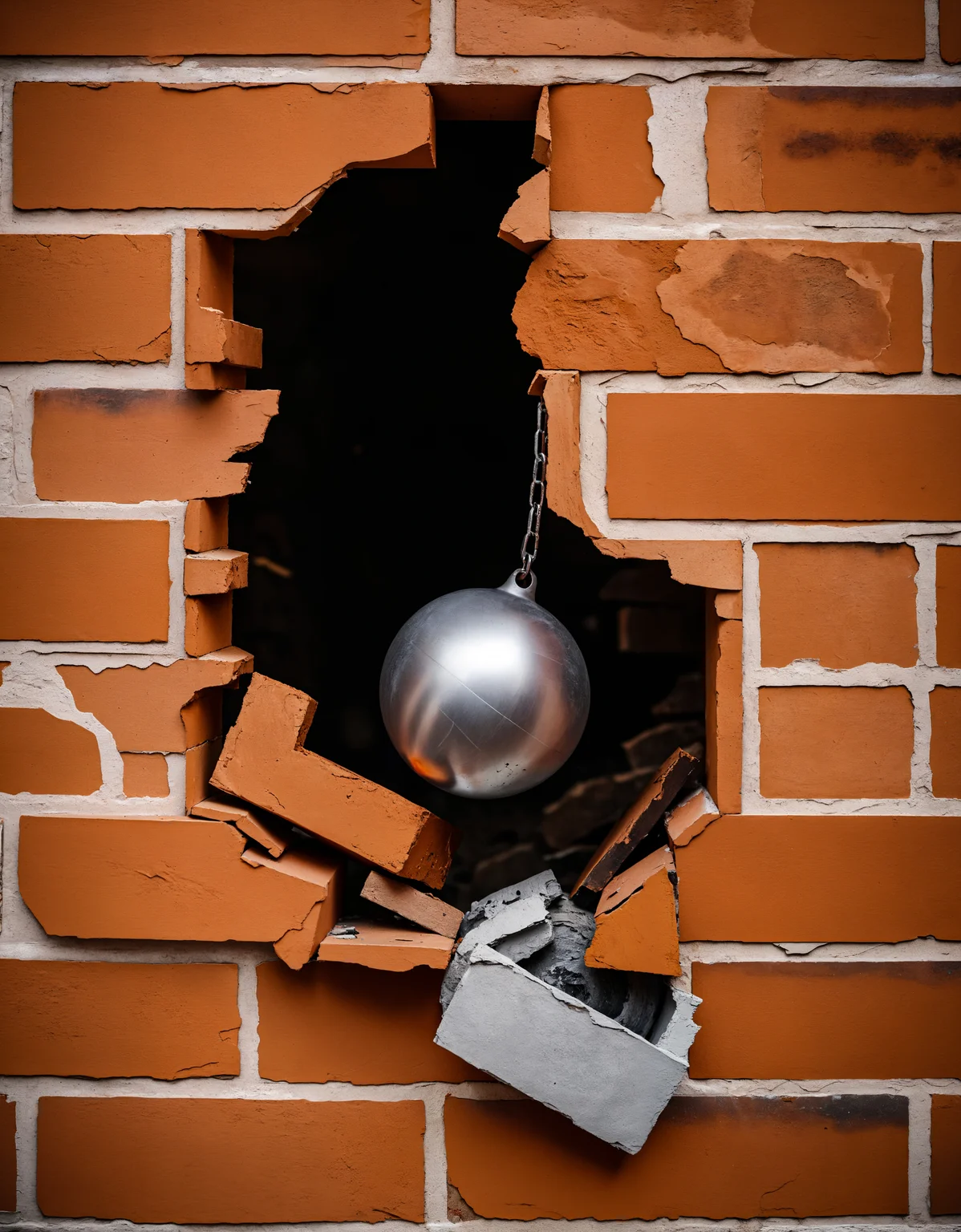 zavy-hlbckdrp, macro shot of a wrecking ball bursting through a brick wall making a hole, 100mm f/2.8 macro lens,
