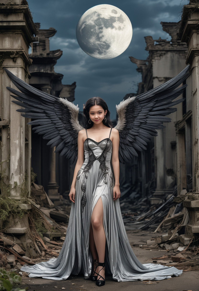 (medium full shot) of (celestial dark angel with black wings) young woman, petite build, medium dark french twist hair, chinese, light skin, hazel eyes, dressed in a silver velvet gown with ethereal designs, leather shoes with intricate details, dramatic eyeliner, black earrings holding a mystic orb, set in  overgrown city ruins, with collapsed buildings, wild nature, haunting light, lost artifacts, under the full moon, woman smiling, ,Masterpiece,best quality, raw photo, realistic, very aesthetic