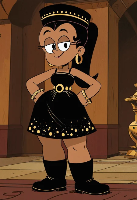 1girl, solo, carlota, brown skin, black hair, wide hips, black dress with gold accents, a wide-brimmed black hat with a gold band, gold hoop earrings, bracelets, and black boots with gold studs, standing, makeup, closed mouth, looking at viewer, hands on hips, smiling, indoors