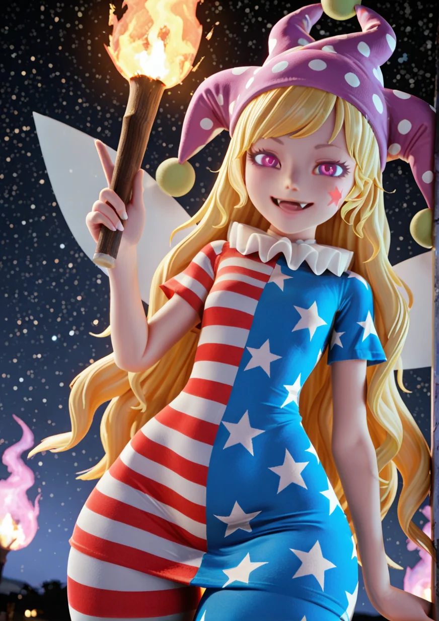 <lora:tera_elinBLENDER:1>,1girl, clownpiece, wide hips, flat chest, touhou, american flag dress, american flag legwear, blonde hair, dress, fairy wings, fang, hat, index finger raised, jester cap, long hair, looking at viewer, neck ruff, open mouth, pantyhose, polka dot, purple eyes, short dress, short sleeves, smile, solo, star (symbol), star print, striped, striped dress, torch, very long hair, wavy hair, wings, 
animated, dynamic angle,very awa, masterpiece, best quality, highres, absurdes,amazing quality,very aesthetic,intricate details, <lora:hand 5.5:1>  ,
