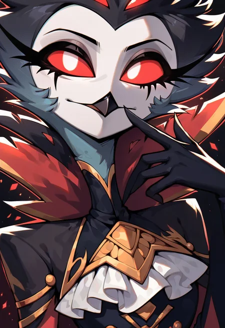 masterpiece, score_9, score_8_up, score_7_up, score_6_up, score_5_up, masterpiece, best quality, ultra-detailed, high resolution, solo, highly detailed portrait, stolas, from helluva boss, owl demon, close-up, long beak, black feathers, red eyes, regal expression, (elegant pose), (beautiful detailed eyes), ((focus on face)), sharp focus, perfect lighting, dark background, high contrast, high detail, expressive face, smooth shading, royal atmosphere, zPDXL2