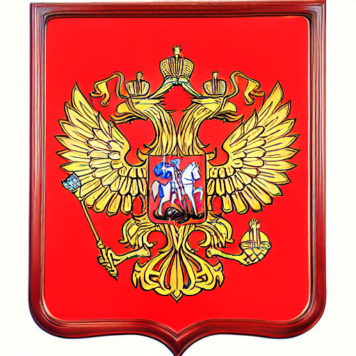The National Coat of Arms of Russia on the background of the flag of Russia, framed by a golden heraldic frame.