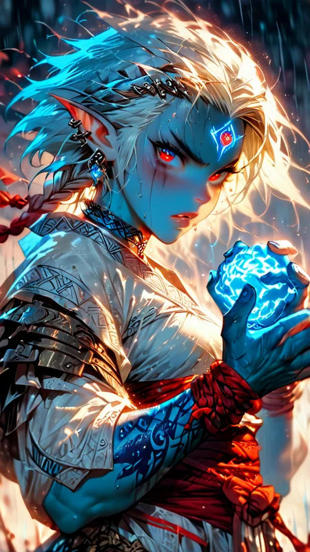 score_9, score_8_up, score_7_up, An illustration of a fierce character, photo-enhanced, fatasy, girl, dnd, d&d, monk,
platinum blond hair, short hair, wet, rain, braids, elf, dark elf, (blue skin:1.5), small breasts, freckles, piercing red eyes, ear piercings, bangles, looking at viewer, facing viewer, looking up, view from front, spider tattoo, running mascara, disgusted face, clenched teeth, open mouth, white linen bandeau, rope wrapped wrists, raised hands, athletic, chain choker, slave, wind blown hair, linen sweat pants, glowing rune, forehead rune,
<lora:extremely_detailed:1> <lora:Fant5yP0ny:1> <lora:disgusted_face_xl_goofy:1> <lora:HKStyle_V3:1> <lora:Flash_Glowing_Runes_SDXL:1>
