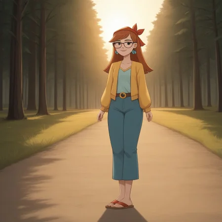 score_9, score_8, BREAK, bandana, auburn hair, glasses, freckles, lips, peace symbol earrings, long sleeves, mini-jacket, long jeans, flip flops, total drama, miles_(\total_drama\), belt, black eyes, sexy pose, smile, outdoors, sunlight, shadows, evening lighting, natural lighting, forest, trees, grass, orange sky, sunset