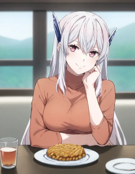 score_9, score_8_up, score_7_up, source_anime, BREAK
1girl, solo, looking at viewer, blurry background,
sitting, white wall, on table, curtain, window, restaurant, food,
smile, head tilt,
hands under chin,
date outfit, red turtleneck sweater,
kyouka uzen, head wings, silver hair, long hair, pink eyes, hair between eyes, sidelocks,
<lora:kyouka_uzen_anime-soralz:1>