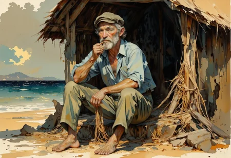 score_9, score_8_up, score_7_up, 8k high quality digital painting, masterpiece, very detailed, ultra realistic, (best quality) very detailed epic masterpiece, we see an old sailor sitting in front of his hut by the sea with a pipe in his mouth and tying a fishing net, he looks dreamily out at the sea, which shines colorfully in the sunset, romantic, sensual atmosphere, melancholic, watercolor, water colors, the edges blend into the white of the paper, realistic, realism, full body