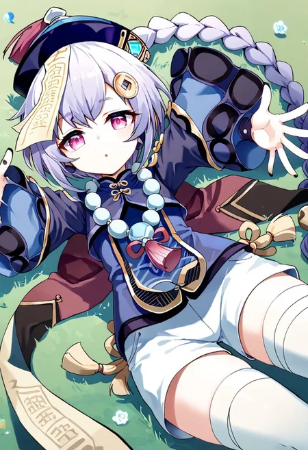 Score_9, Score_8, Score_7,1girl,gen-qiqi,gen-qiqi, red purple_eyes, bangs, lightpurple hair, braided ponytail, black nails, flat cheast, hair_ornament, ofuda qing_guanmao, jiangshi, dark purple hat, necklace, dress, long_sleeves, white shorts, white_legwear bandaged_leg, thighhighs, grasslands,wind,shaking grass,lying,on back,look to the sky,from above,incoming_hug,pov, arms up,Reaching for the sky,open arms,