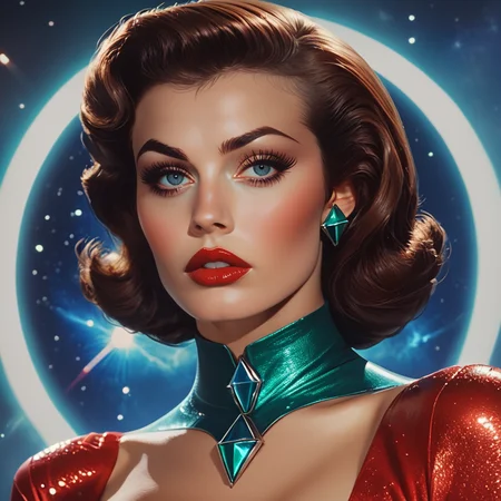 Score_9, score_8_up, score_7_up, score_6_up, BREAK <lora:40sTechnicolorCyberpunkPony:1> ArsMovieStill, movie still from a technicolor 1940s cyberpunk film, The image shows a woman in a red dress with a green diamond on her chest standing in front of a star trek poster. Her face is clearly visible with her eyes looking directly at the viewer and her lips slightly parted. Her hair is styled in a classic 1950s look and her dress is a deep red color with a high neckline and long sleeves. The star trek logo is prominently displayed on the chest of her dress., 1girl, solo, jewelry, earrings, brown hair, parted lips, blue eyes, makeup, red lips, looking at viewer