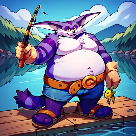 score_9, score_8_up, score_7_up, score_6_up, score_5_up, score_4_up, source_cartoon, <lora:Big_The_Cat_V2_Sonic_The_Hedgehog_PonyXL:1> big the cat, big, cat, furry, fat, obese, purple skin, white fluffy belly, yellow sclera, long ears, stripey arms, stripey tail, gloves, belt, sandals, three toes, purple feet, fishing, looking at viewer, lake background