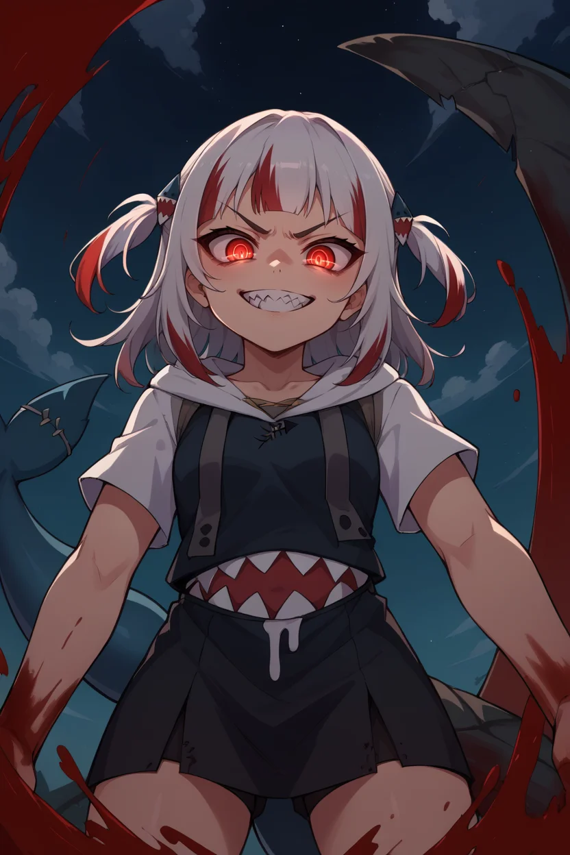 score_9, score_8_up, source_anime, 1girl, solo, BREAK <lora:gawr_gura_sdxl_pony:1> gura_red, dark persona, red eyes, streaked hair, two side up, shark hair ornament, blood, shark tails, night sky, glowing eyes, sharp teeth, evil grin, from below, thunder