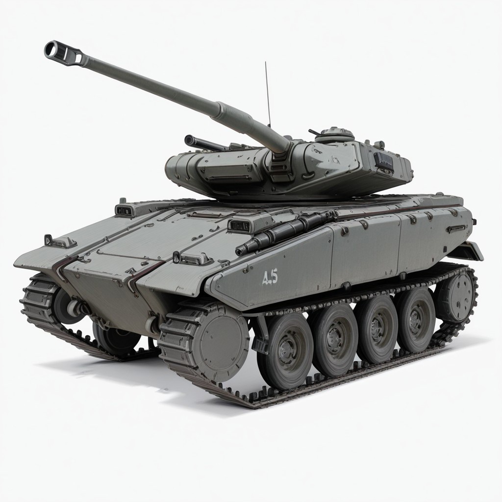 Art_Cad, a military tank with a turret on top, simple background, white background, weapon, gun, military, no humans, ground vehicle, motor vehicle, cannon, military vehicle, tank, vehicle focus, machine gun, caterpillar tracks, 3d, render