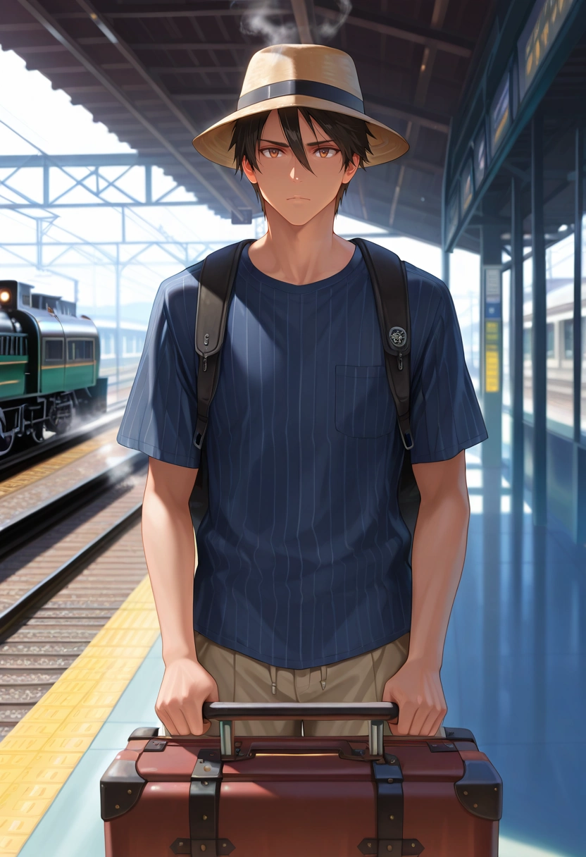 masterpiece, best quality, intricate details, semi-realistic, , 1boy, solo, male focus, <lora:takashi_komuro_ilxl:1>, takashi_komuro, black hair, brown eyes, short hair, hair between eyes, train station, steam locomotive, platform, luggage cart, waiting pose, anticipating expression, early morning, Pleated khaki shorts, Pinstripe shirt, , Panama hat,