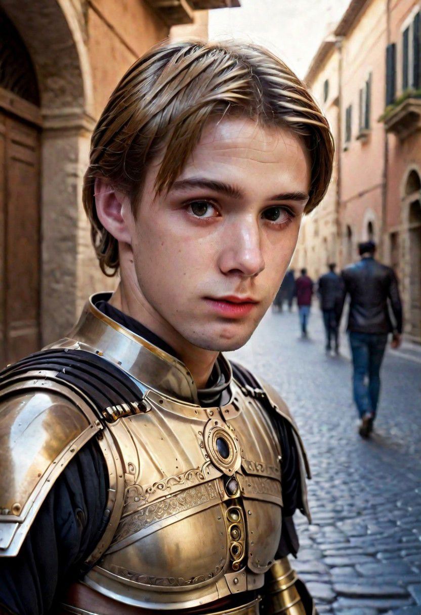 Portrait Photo a portrait, natural and hyperdetailed photography, a  man armor Star Wars in old of Rome, 
in street in city, realistic dark blonde hair, very detailed Clothes, (precise image:1.4) , pale skin,(many details in background)(cinematic ambient:1.4) (perfil)