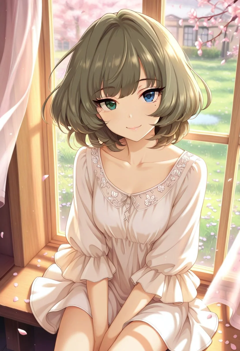masterpiece,best quality,amazing quality, takagaki kaede, short hair, brown hair, mole under eye, green eyes, blue eyes, heterochromia, 1girl, mole, solo, looking at viewer, smile, sitting, window, wind, collarbone, petals