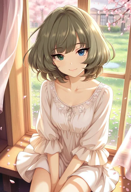 masterpiece,best quality,amazing quality, takagaki kaede, short hair, brown hair, mole under eye, green eyes, blue eyes, heterochromia, 1girl, mole, solo, looking at viewer, smile, sitting, window, wind, collarbone, petals