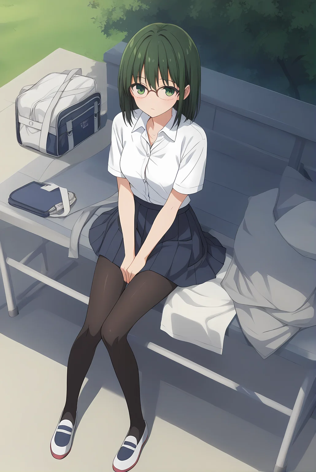 (school uniform skirt white shirt black pantyhose uwabaki), hm-sakura, green hair, green eyes, [glasses, medium hair], medium breasts, 1girl, solo, skinny, score_9, score_8_up, score_8, score_7_up, score_7, score_6_up, score_6, score_5_up, score_5, source_anime, blush, night sky outdoors, (1.3::full body|sitting|standing|lying|straight-on|0.6::close-up| :1.20), , <lora:hm-sakura-V01-000003:0.60>