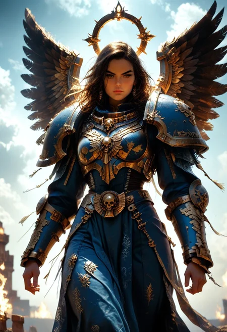 Rating_safe : masterpiece, score_9, score_8_up, score_7_up, score_6_up, (best quality:1.1), ultra-detailed, high resolution, The Emperor of Mankind as a female, 1girl, Emperor of mankind armor, gold theme, UltraM40k, (gold armor), Ornate armor, holding flaming sword, fire sword, sword on fire, concept art, realistic, (bright sunlit scene,) heavenly holy light, Halo, halo behind head, clouds, (brightly lit), angel wings in gold, (Brown hair), flowing hair, dramatic pose, highly detailed, (detailed face), Highly Visible, sharp focus, perfect lighting, anatomically correct, extremely detailed, shine on body, high detail,
