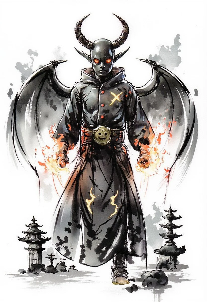 ink and brushstroke dismrt style of a full body figure of (Bbr!ck) with oni horns and bat wings, spectral outline with tangible accessories, lighting x's for eyes, standing on the grounds of a traditional Japanese Shinto shrine, flames surrounding his fists