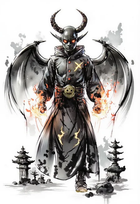 ink and brushstroke dismrt style of a full body figure of (Bbr!ck) with oni horns and bat wings, spectral outline with tangible accessories, lighting x's for eyes, standing on the grounds of a traditional Japanese Shinto shrine, flames surrounding his fists