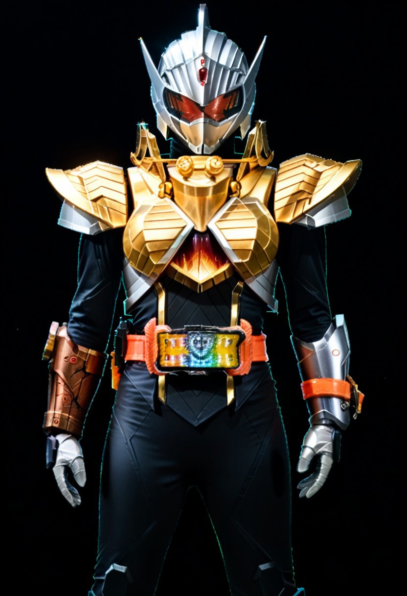 score_9, score_8, score_7, 1girl, knight, metallic arm, alchemis, solo, armor, tokusatsu, bodysuit, helmet, rider belt, legend rider